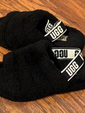 UGG Black Shearling Logo-Elastic Slide Slippers
